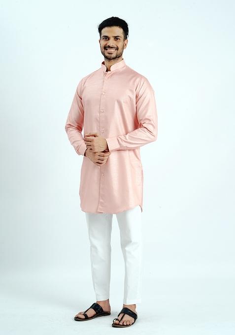Peach Jari Work Cotton Kurta For Men