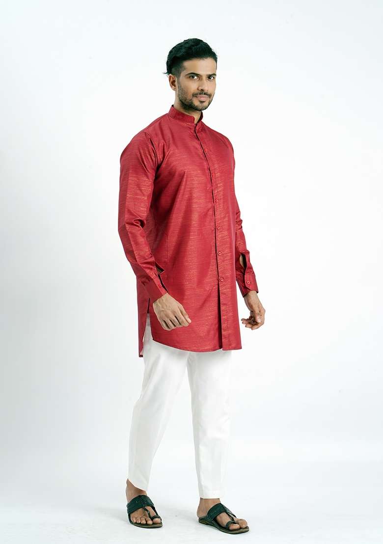 Red Jari Work Cotton Kurta For Men - Indya