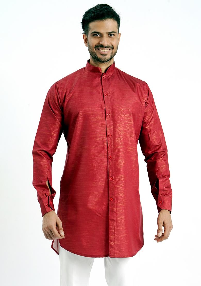 Red Jari Work Cotton Kurta For Men - Indya