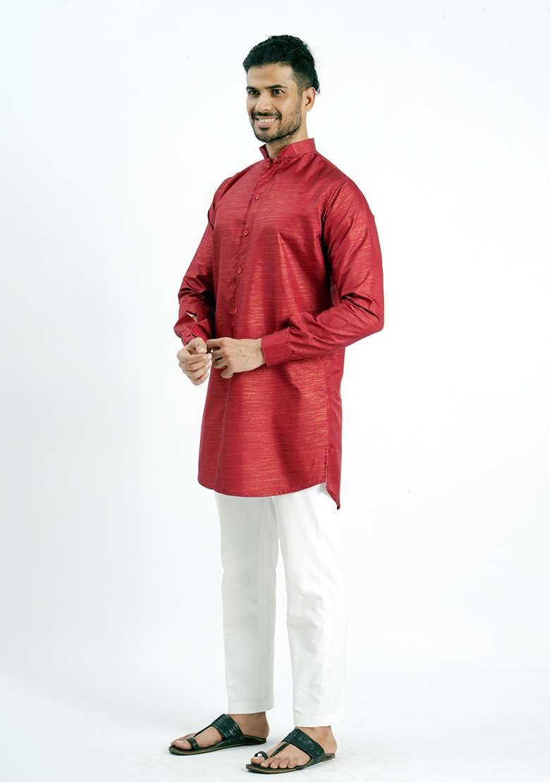 Red Jari Work Cotton Kurta For Men - Indya