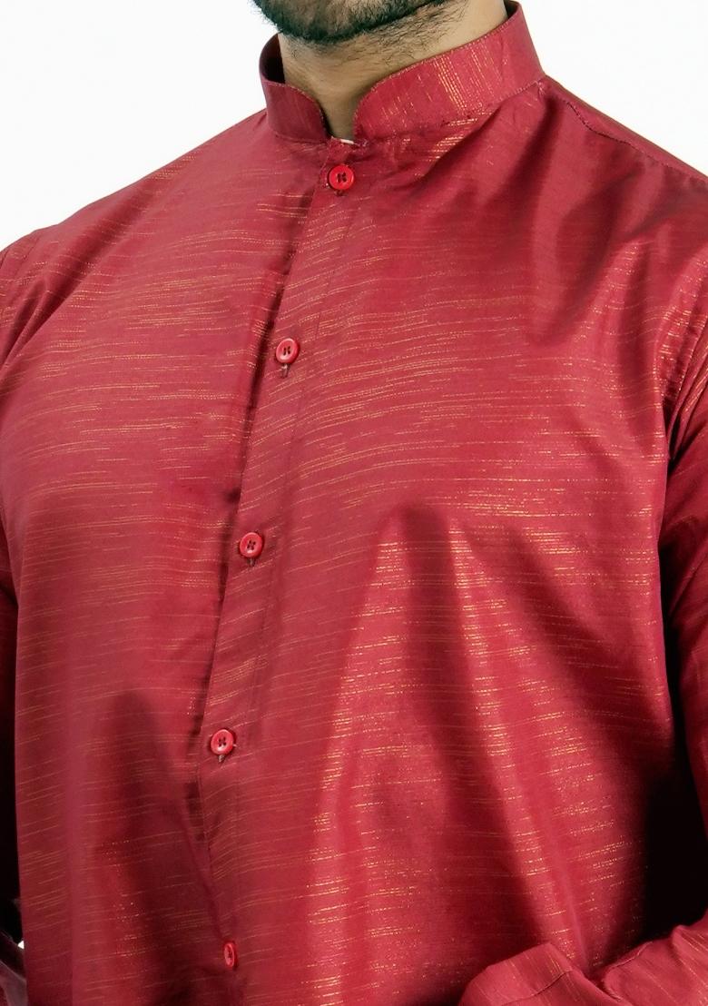 Red Jari Work Cotton Kurta For Men - Indya