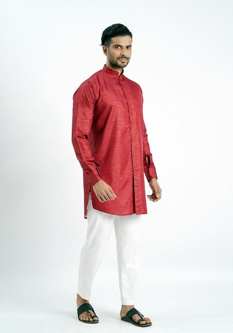 Red Jari Work Cotton Kurta For Men