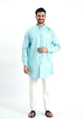 Sky Blue Jari Work Cotton Kurta For Men