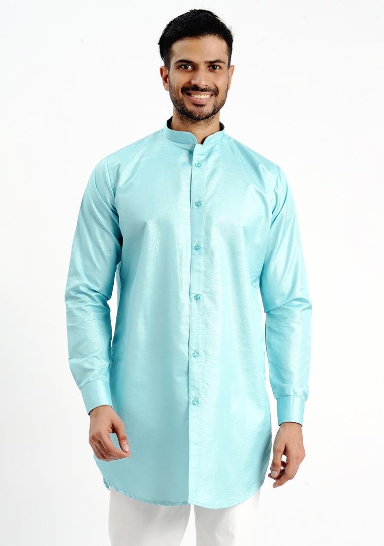 Sky Blue Jari Work Cotton Kurta For Men - Indya