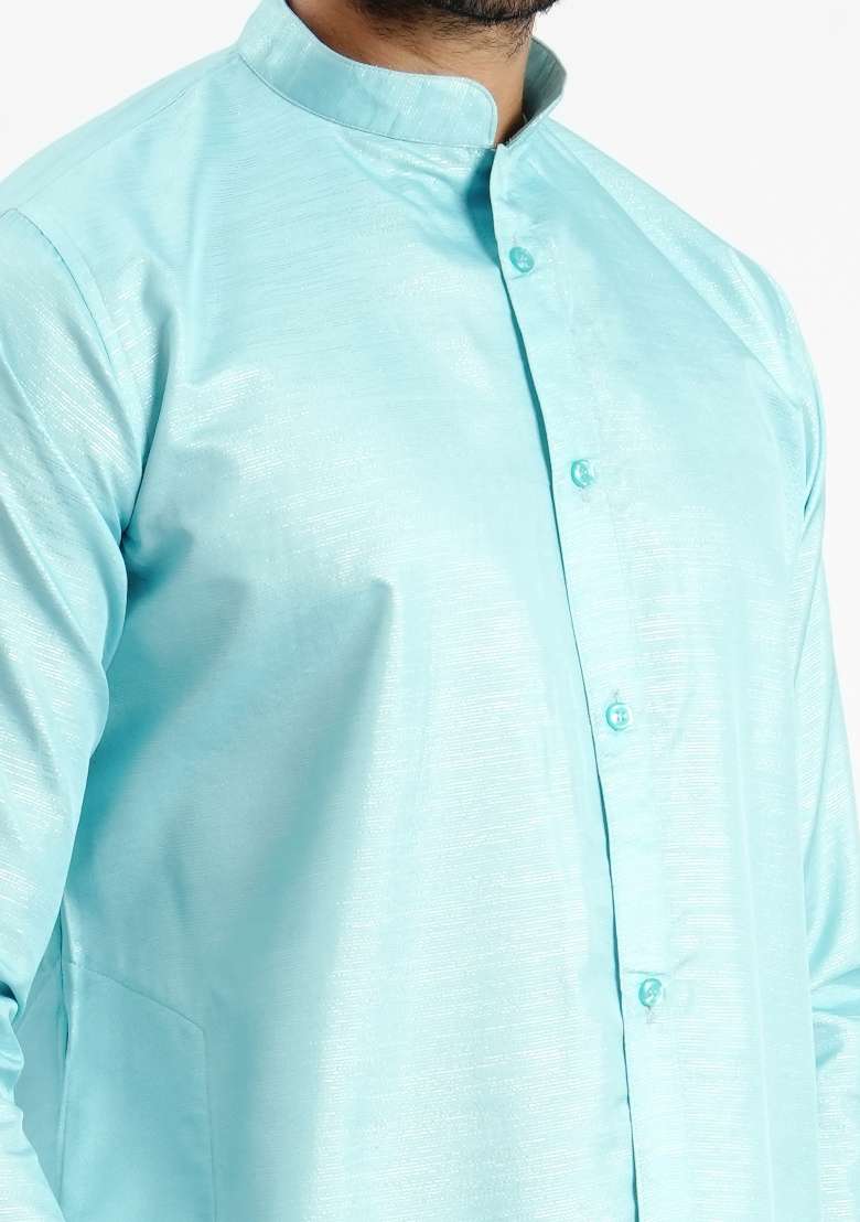 Sky Blue Jari Work Cotton Kurta For Men - Indya