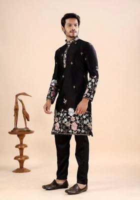 Black Embroidery Satin Kurta For Men