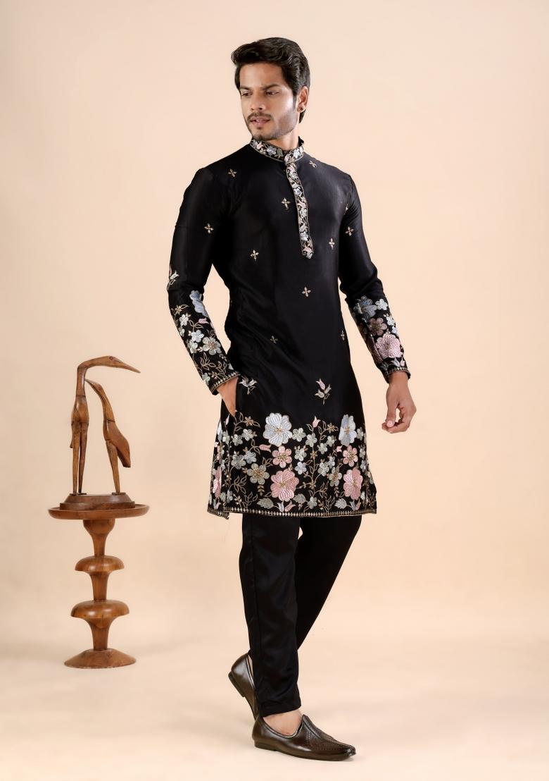 Black Embroidery Satin Kurta For Men - Indya