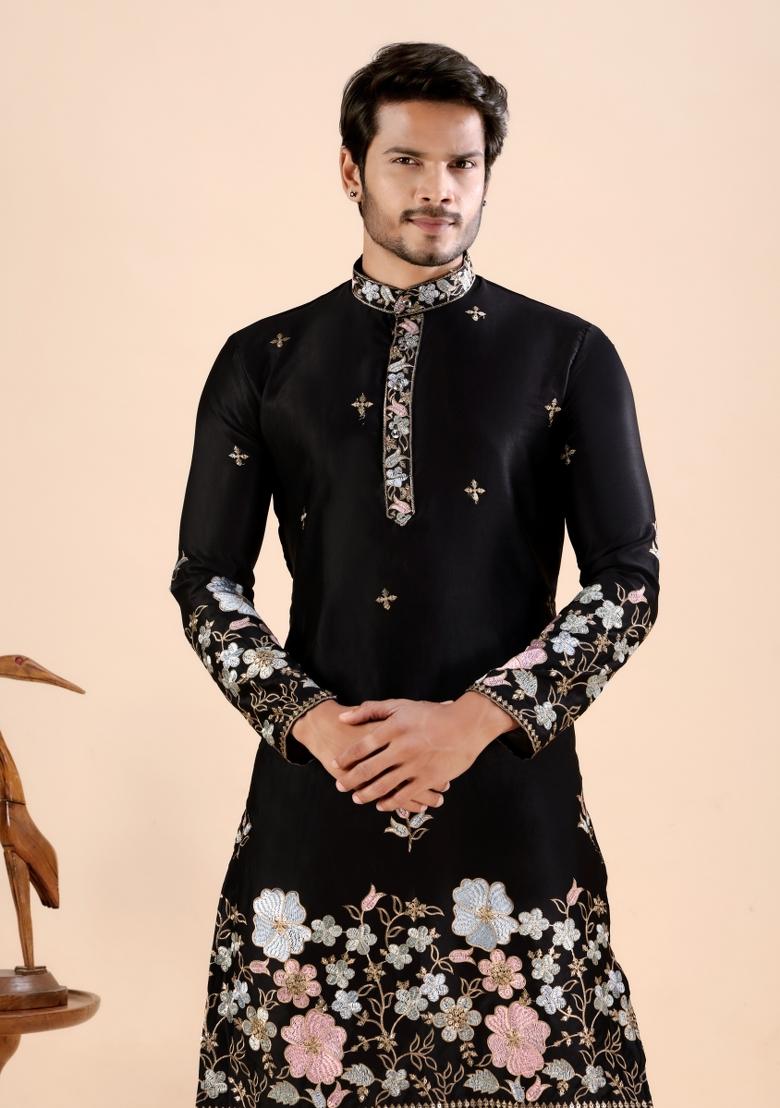 Black Embroidery Satin Kurta For Men - Indya