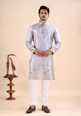 Grey Embroidery Satin Kurta For Men