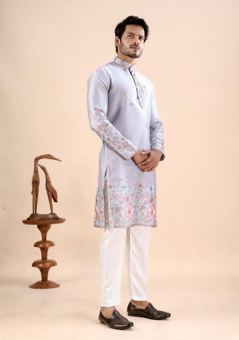 Grey Embroidery Satin Kurta For Men - Indya