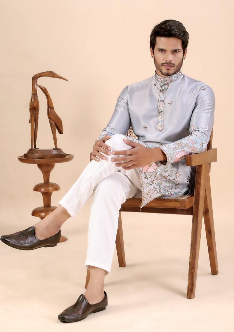Grey Embroidery Satin Kurta For Men - Indya