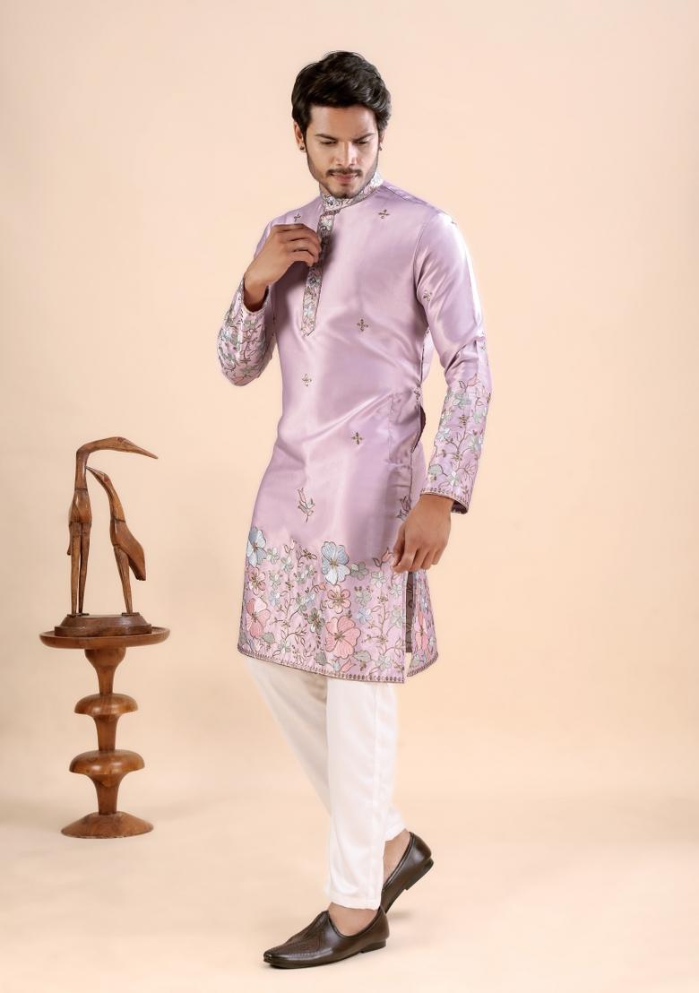 Onion Embroidery Satin Kurta For Men - Indya