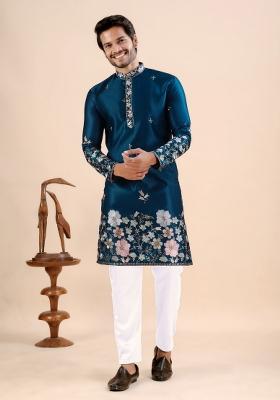 Petrol Blue Embroidery Satin Kurta For Men