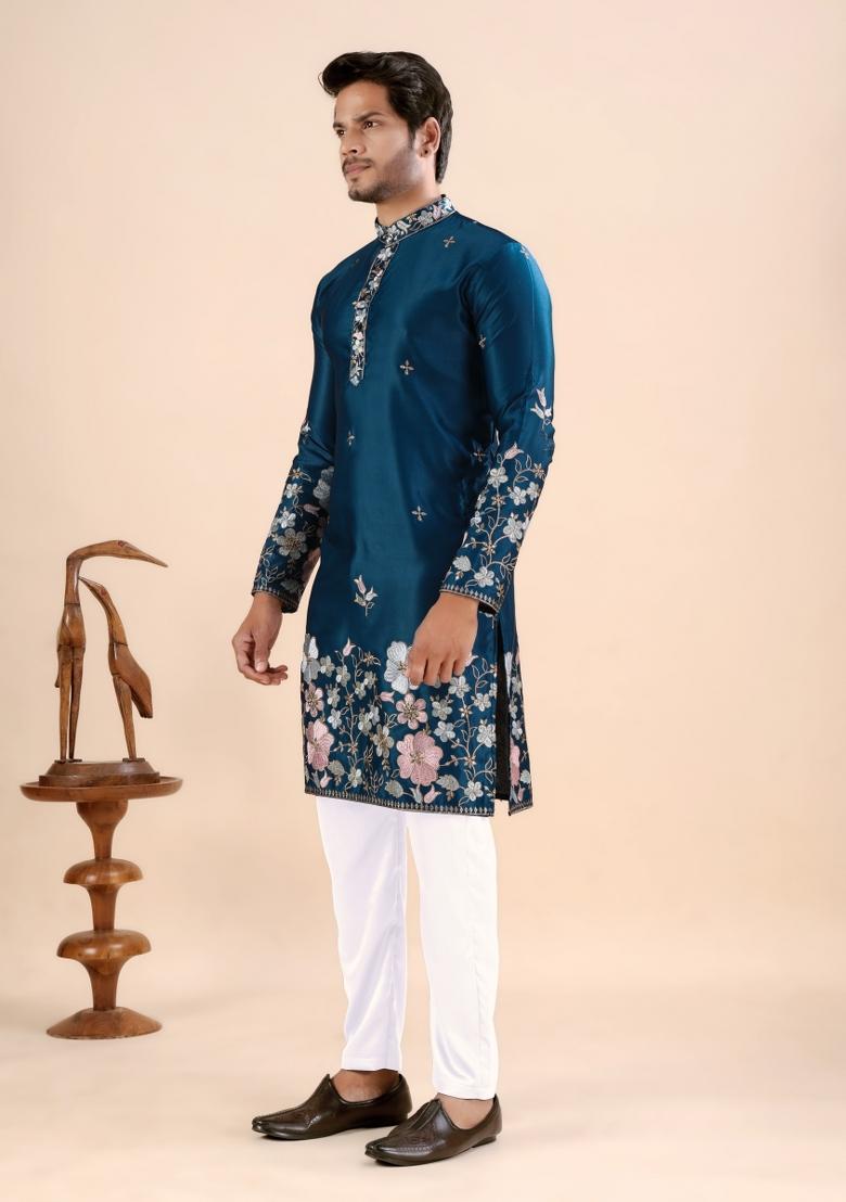 Petrol Blue Embroidery Satin Kurta For Men - Indya
