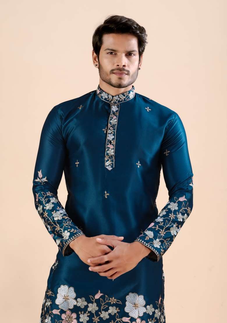 Petrol Blue Embroidery Satin Kurta For Men - Indya