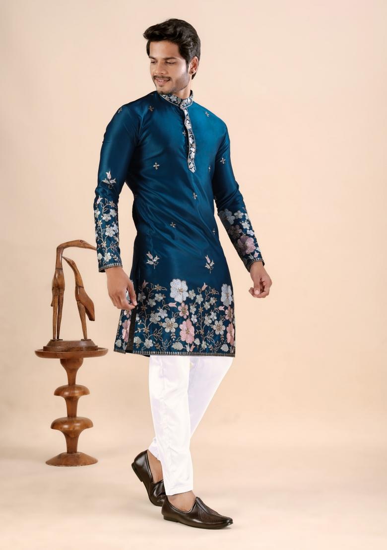 Petrol Blue Embroidery Satin Kurta For Men - Indya