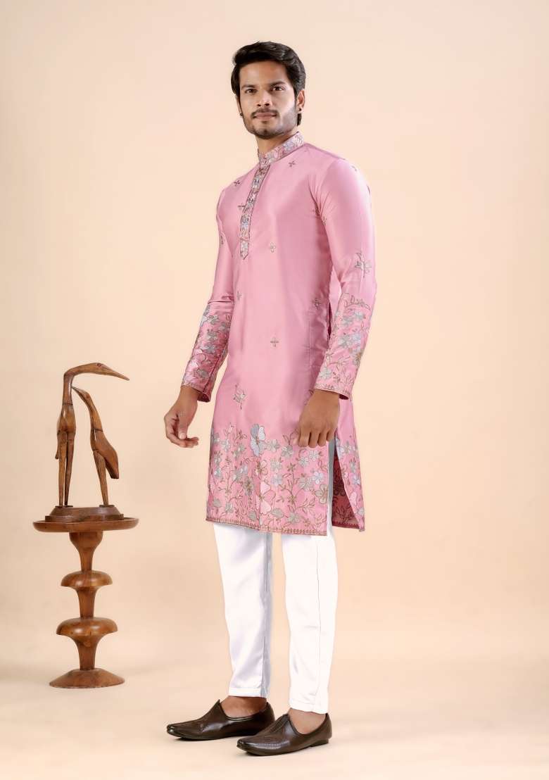 Pink Embroidery Satin Kurta For Men - Indya