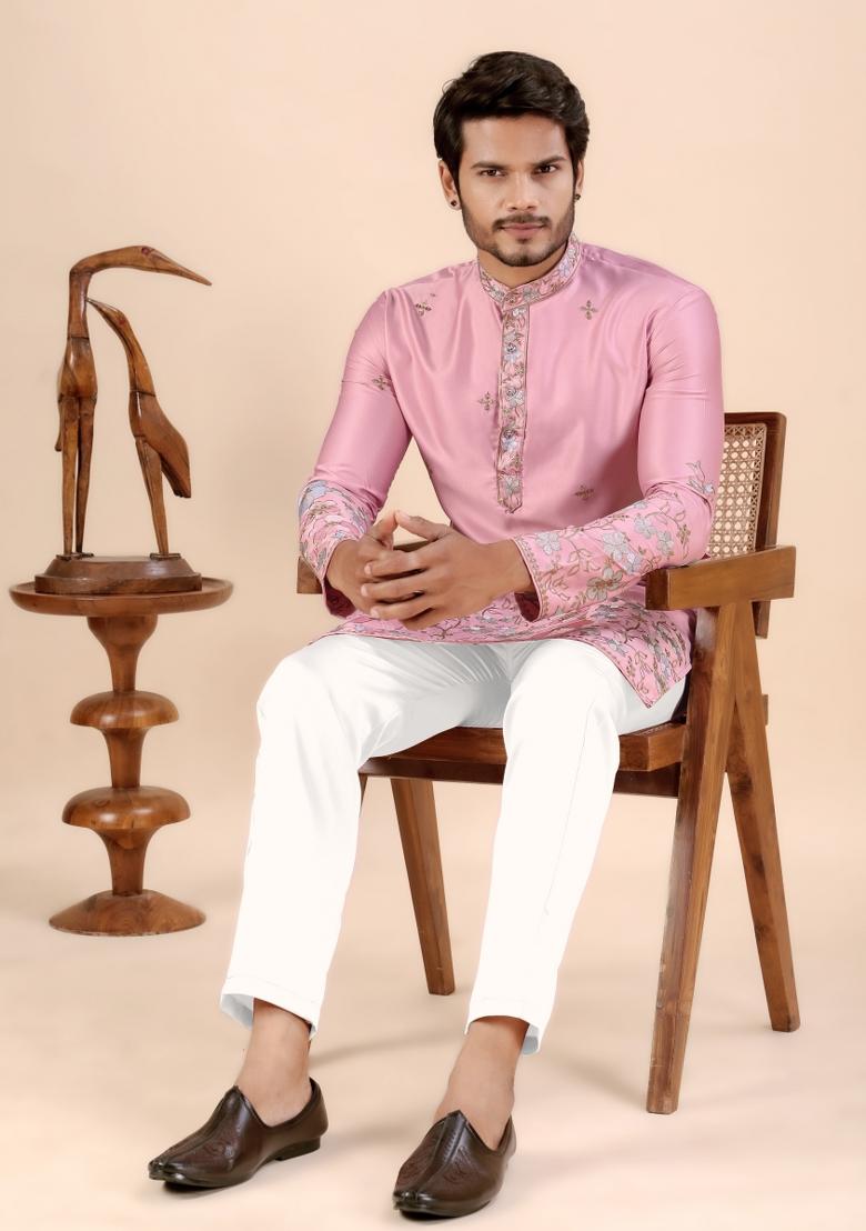 Pink Embroidery Satin Kurta For Men - Indya