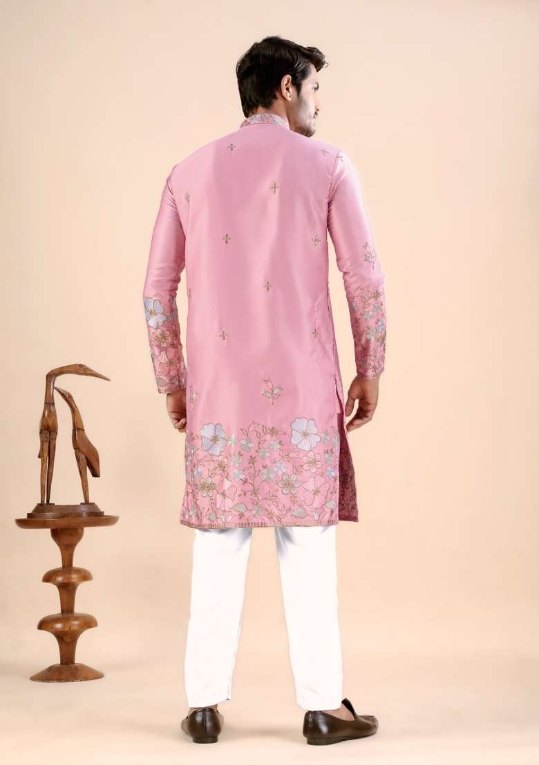 Pink Embroidery Satin Kurta For Men - Indya