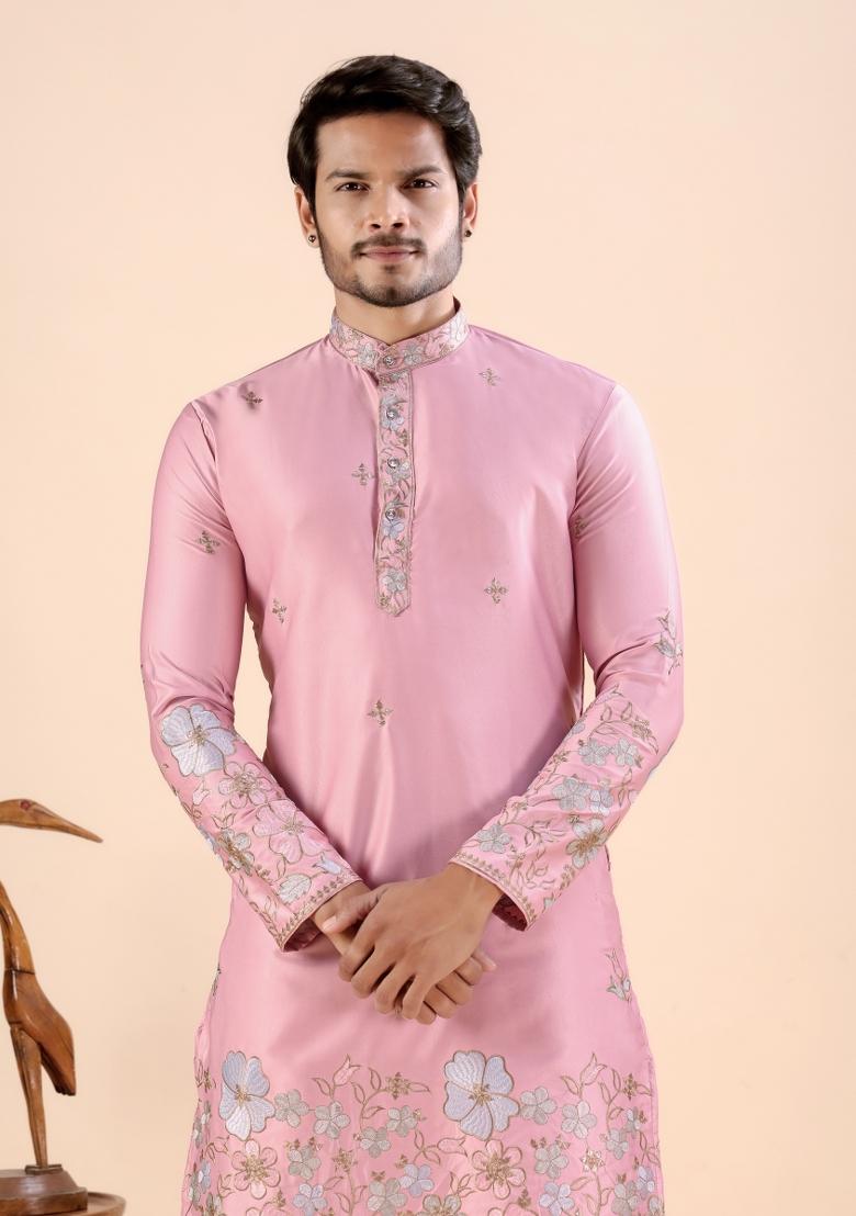 Pink Embroidery Satin Kurta For Men - Indya