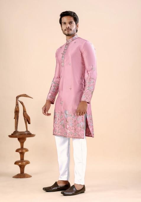 Pink Embroidery Satin Kurta For Men