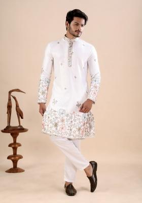 White Embroidery Satin Kurta For Men
