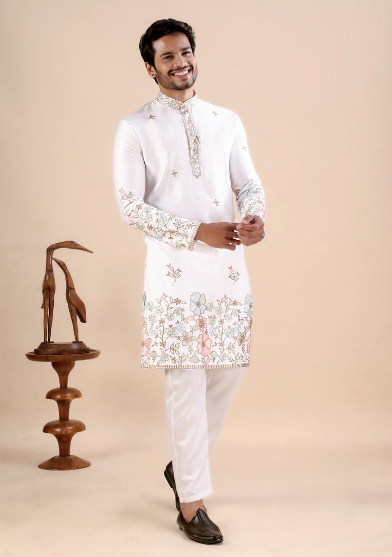 White Embroidery Satin Kurta For Men - Indya