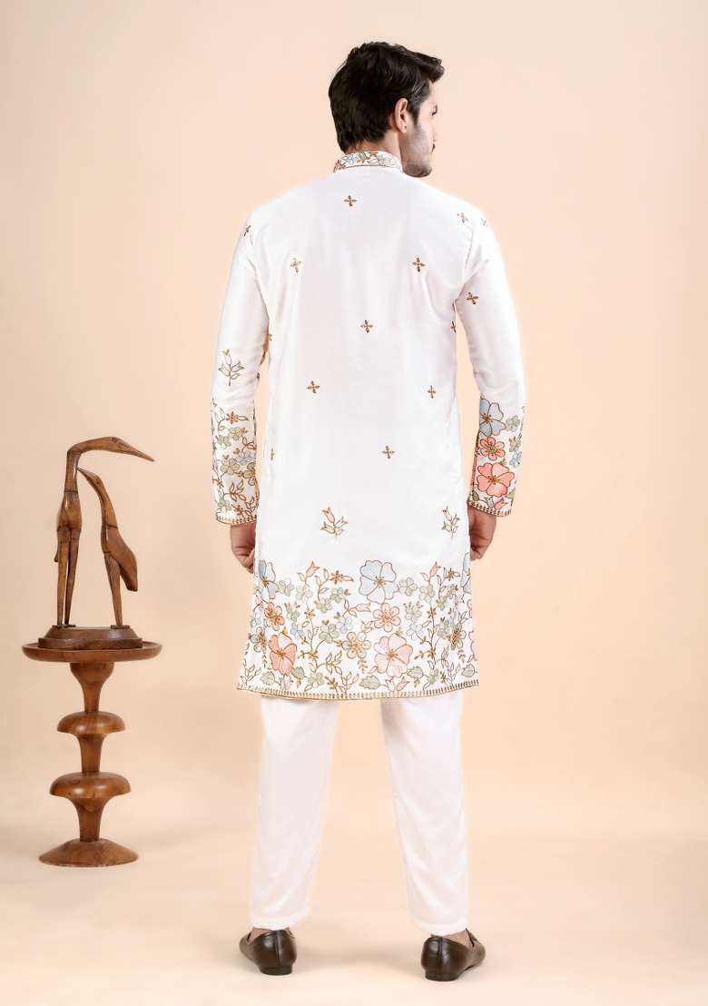 White Embroidery Satin Kurta For Men - Indya
