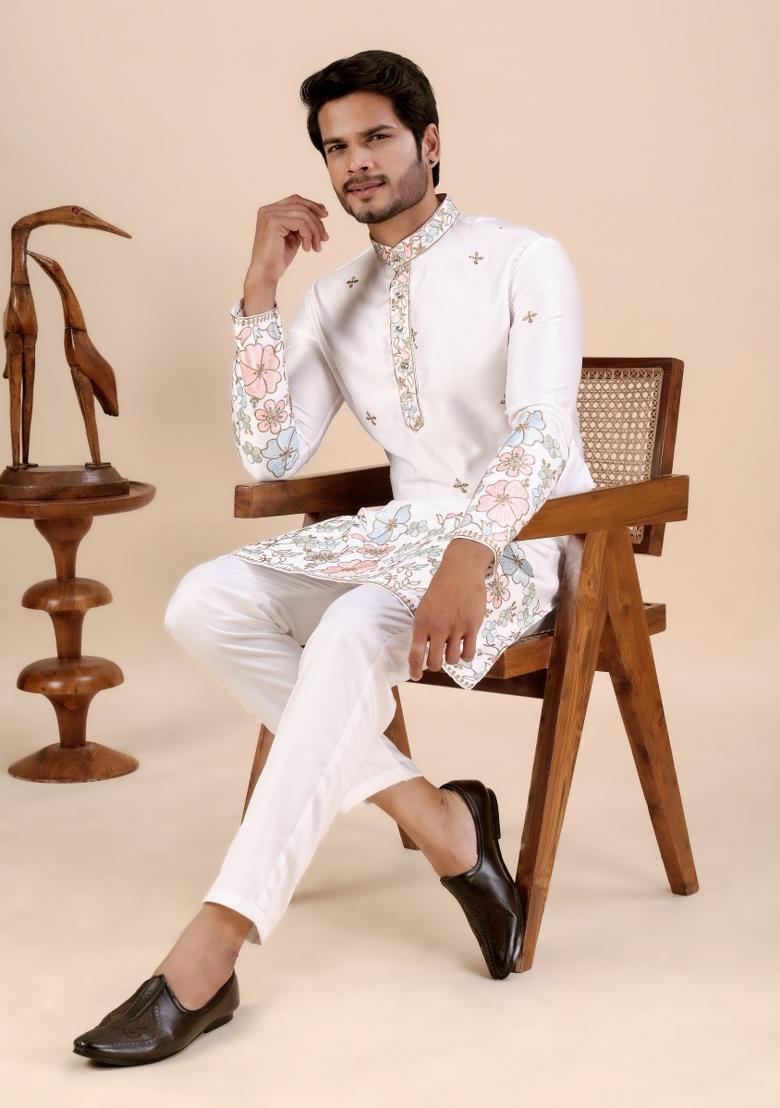 White Embroidery Satin Kurta For Men - Indya