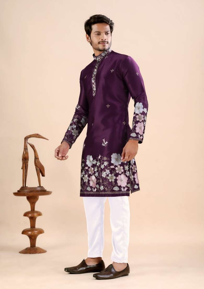 Wine Embroidery Satin Kurta For Men - Indya