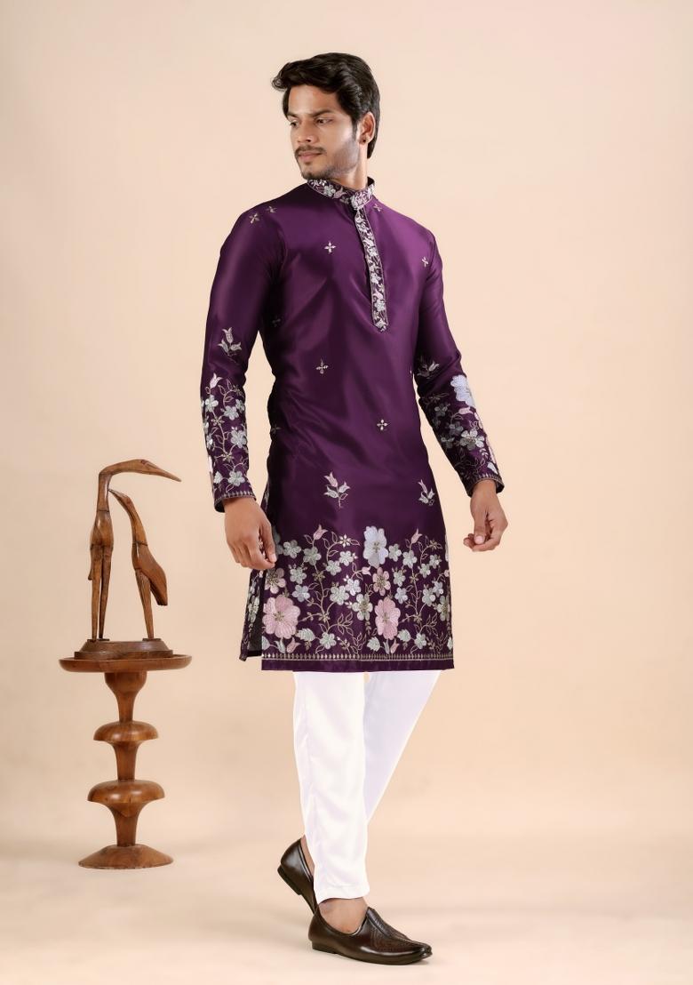 Wine Embroidery Satin Kurta For Men - Indya