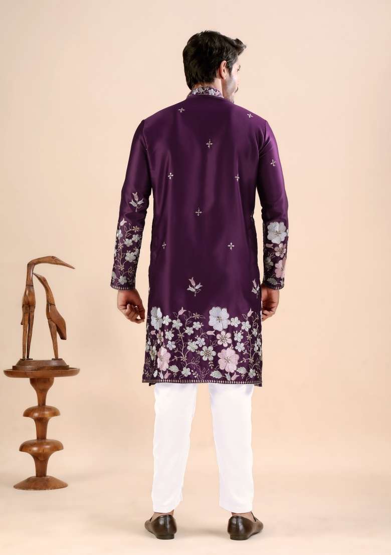 Wine Embroidery Satin Kurta For Men - Indya