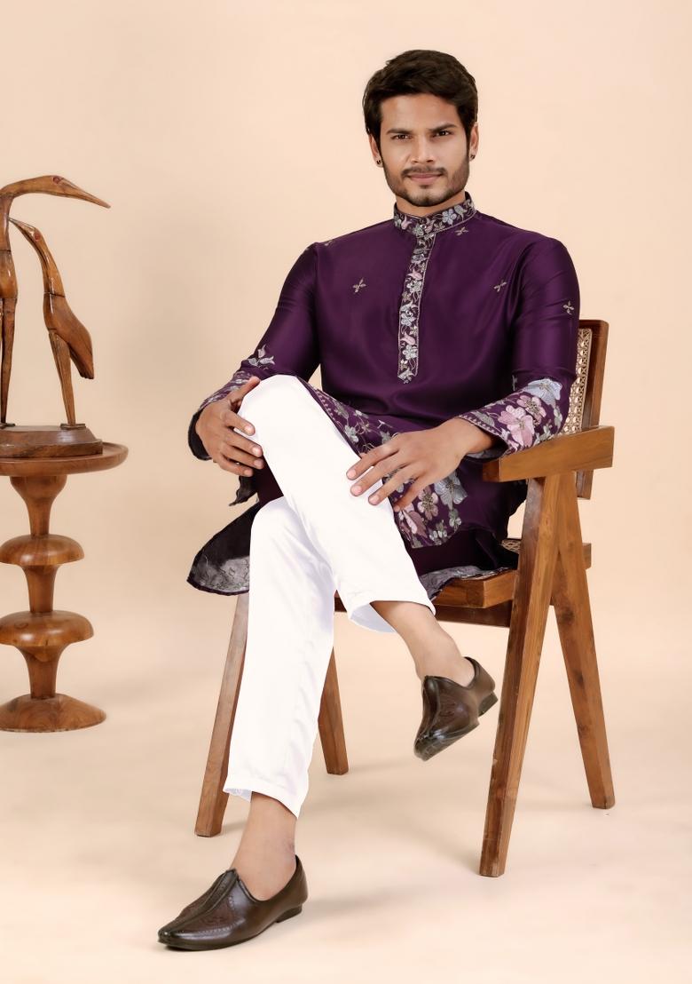 Wine Embroidery Satin Kurta For Men - Indya