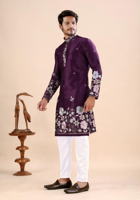 Wine Embroidery Satin Kurta For Men