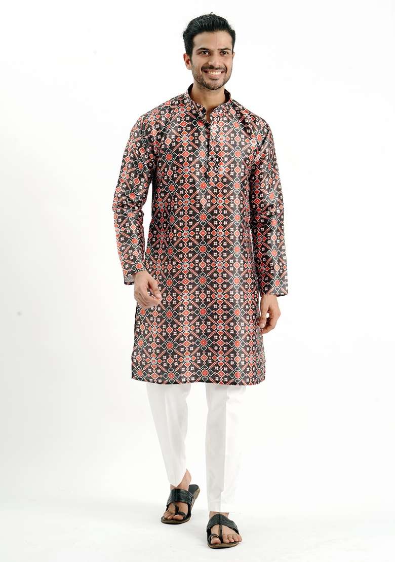 Black And Red Printed Silk Kurta For Men - Indya