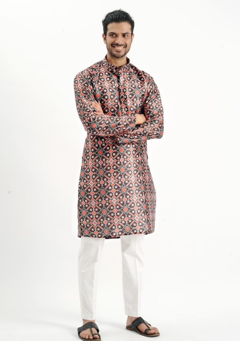 Black And Red Printed Silk Kurta For Men - Indya
