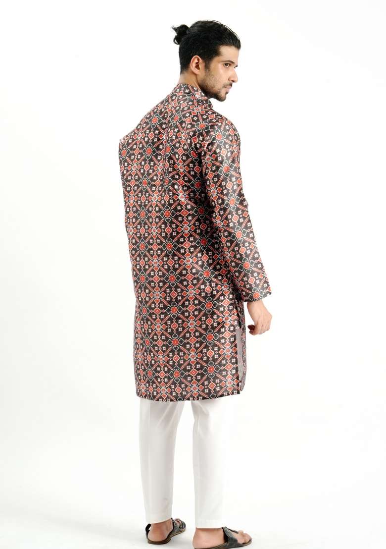 Black And Red Printed Silk Kurta For Men - Indya