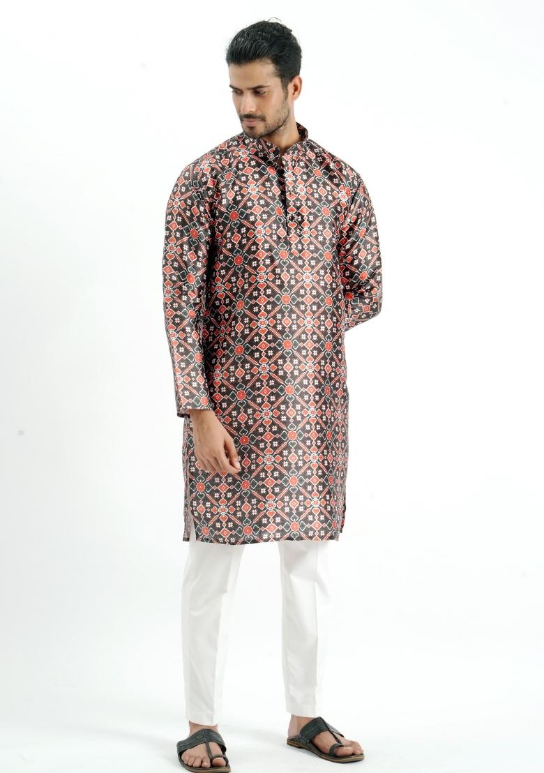 Black And Red Printed Silk Kurta For Men - Indya
