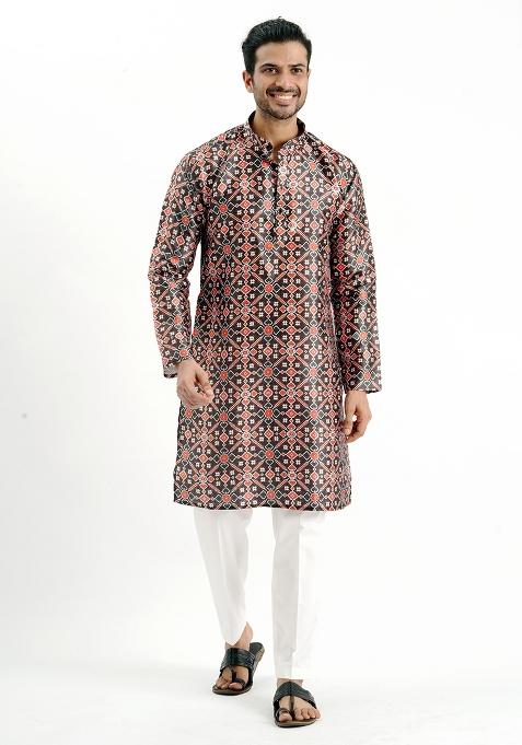 Black And Red Printed Silk Kurta For Men