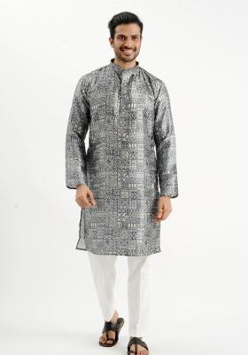 Black Printed Silk Kurta For Men