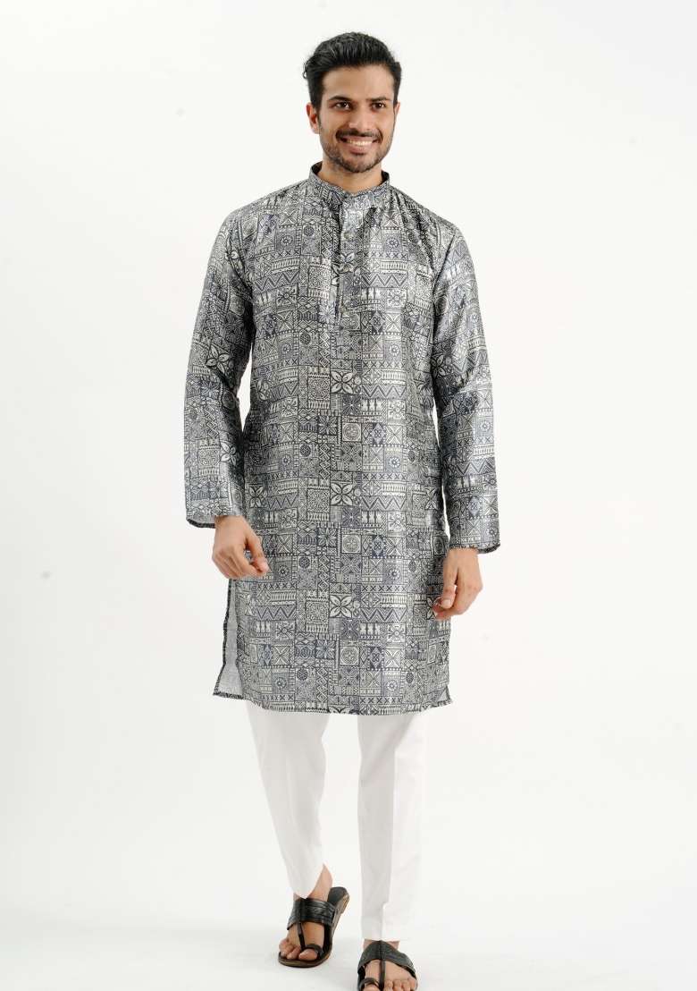 Black Printed Silk Kurta For Men - Indya