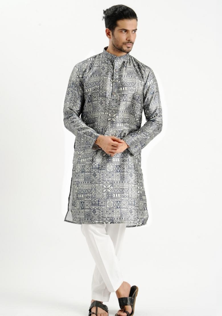 Black Printed Silk Kurta For Men - Indya