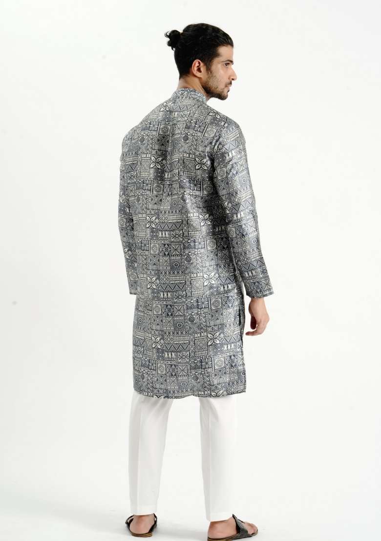 Black Printed Silk Kurta For Men - Indya
