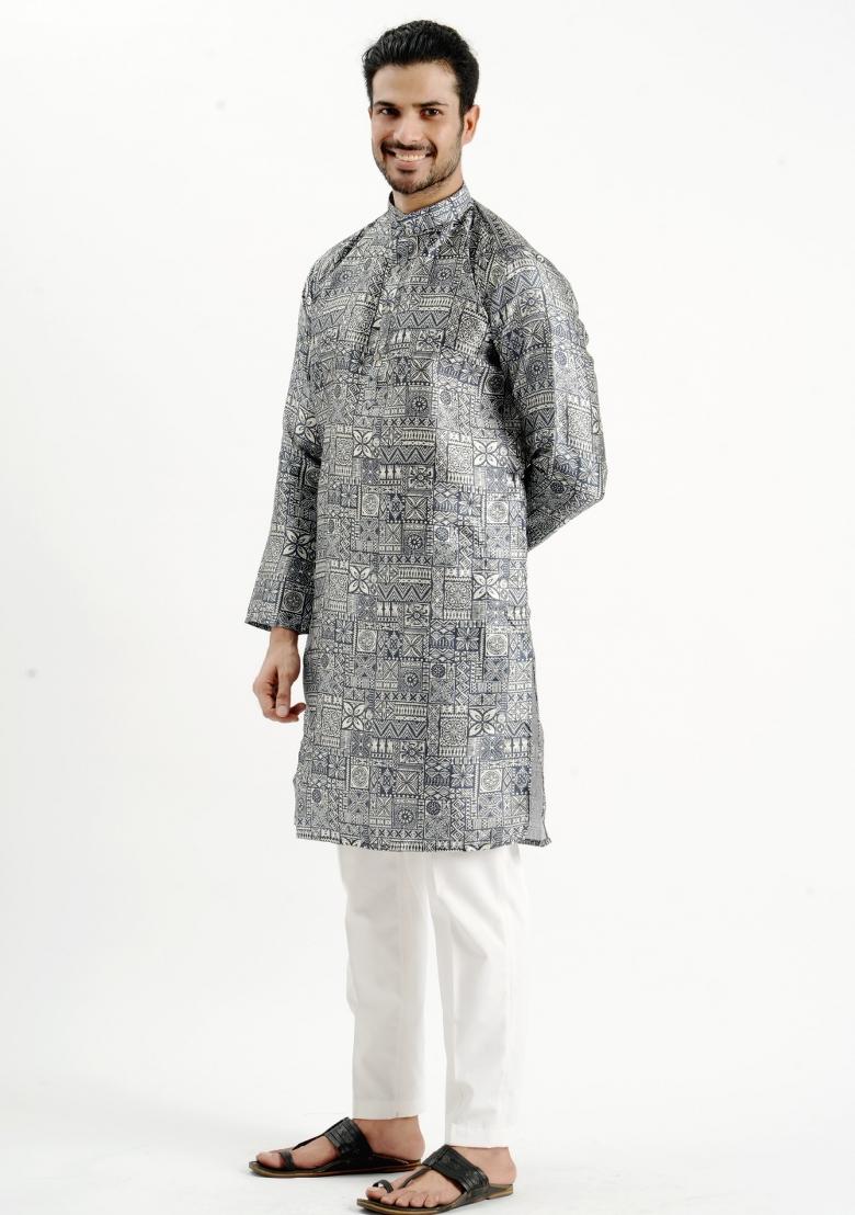 Black Printed Silk Kurta For Men - Indya