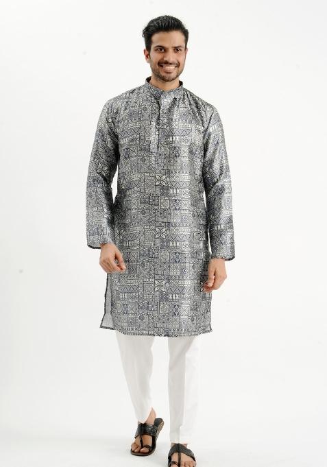 Black Printed Silk Kurta For Men
