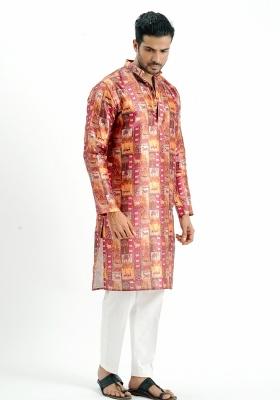 Chocolate Printed Silk Kurta For Men