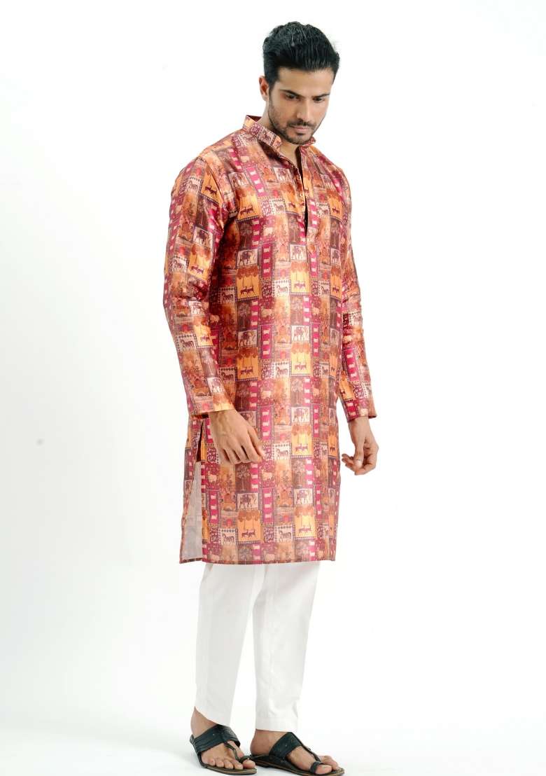 Chocolate Printed Silk Kurta For Men - Indya