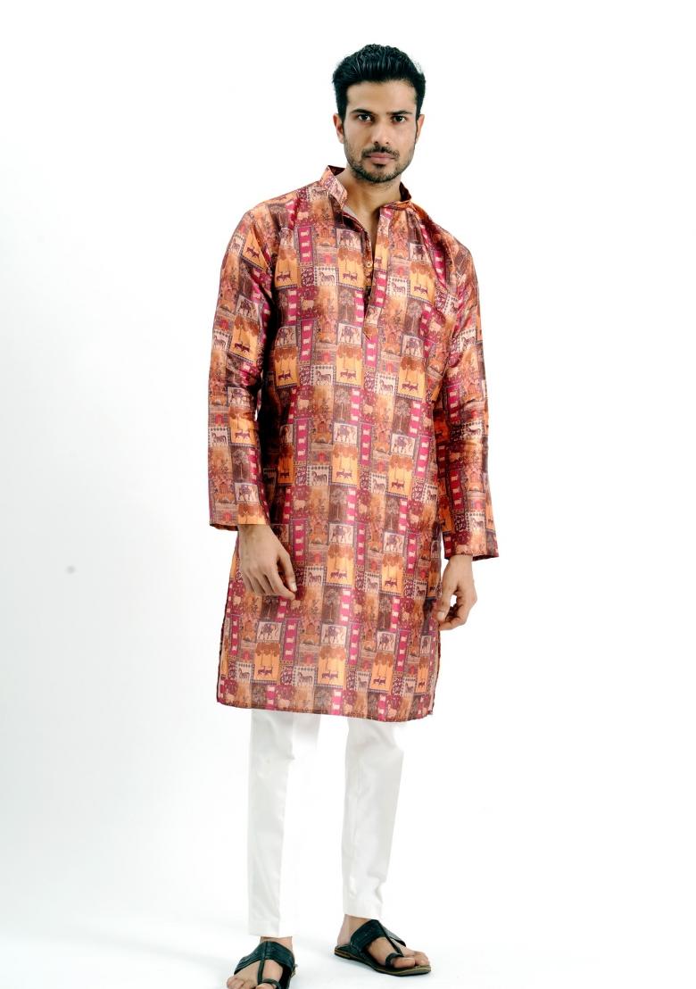 Chocolate Printed Silk Kurta For Men - Indya