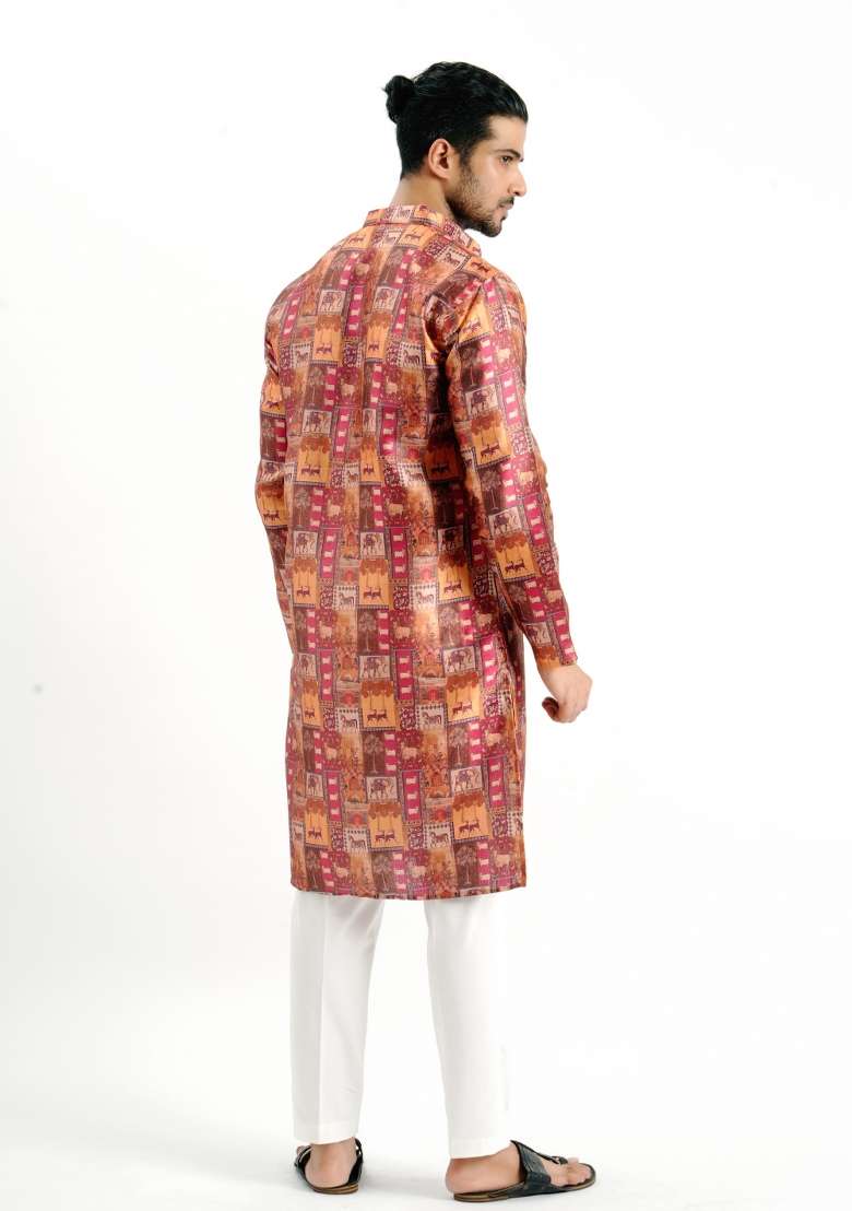 Chocolate Printed Silk Kurta For Men - Indya