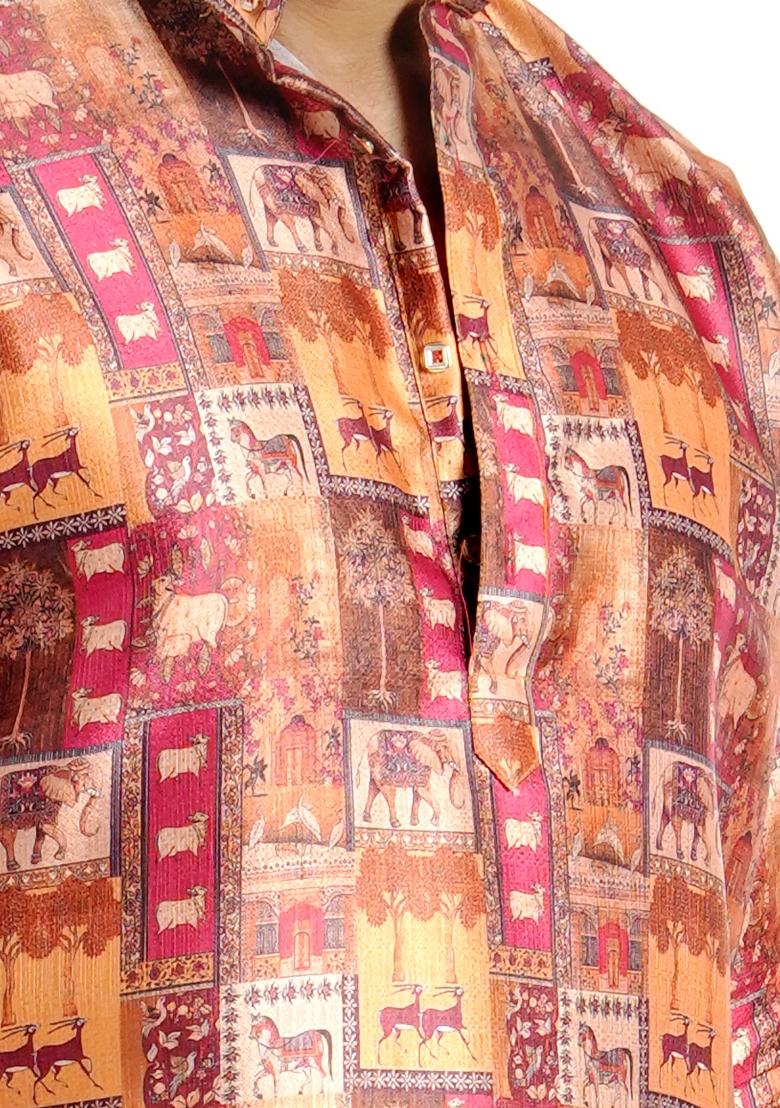 Chocolate Printed Silk Kurta For Men - Indya